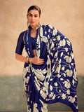 Amazing Blue Kalamkari Printed Satin Festive Wear Saree With Blouse