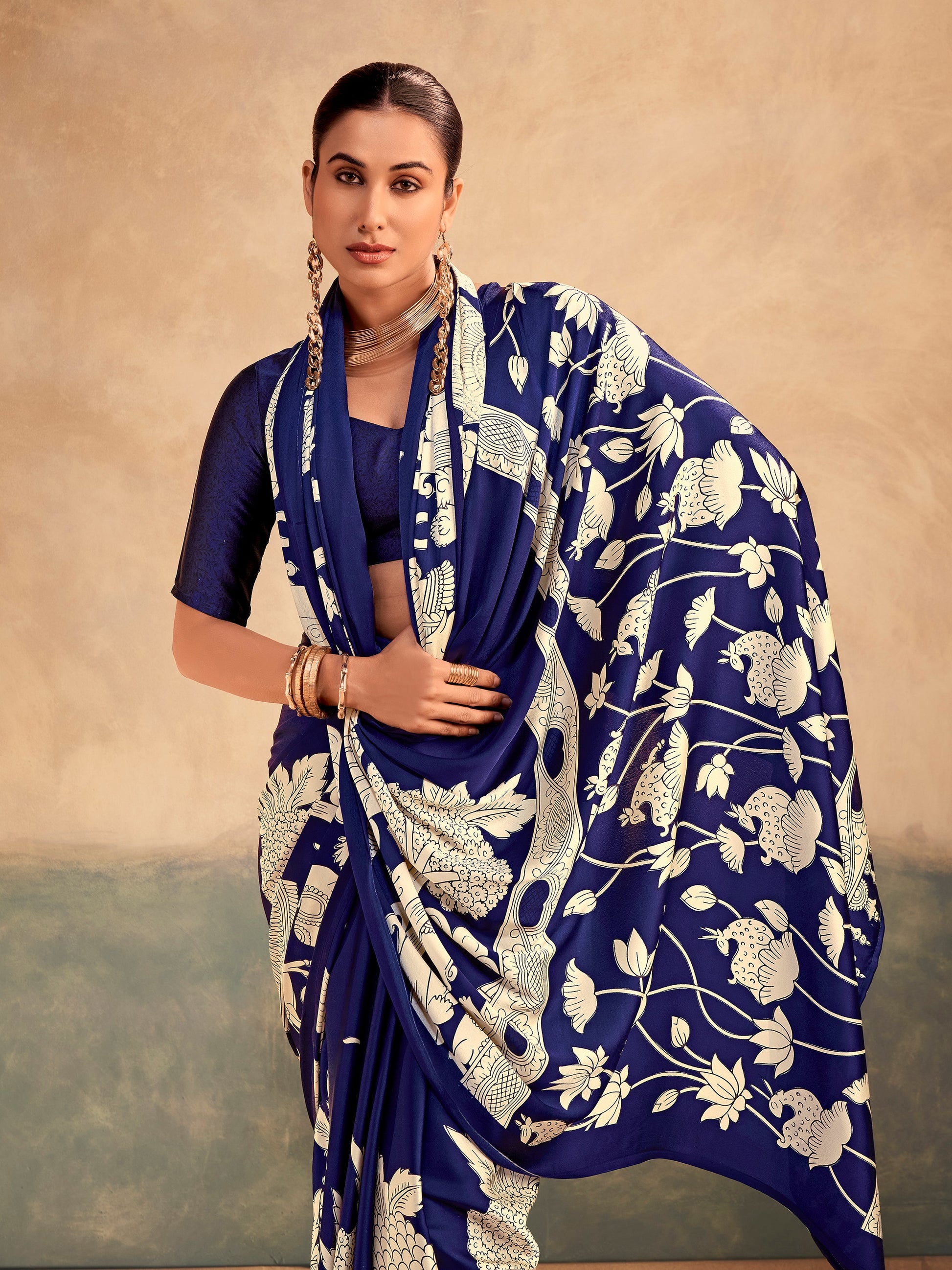 Amazing Blue Kalamkari Printed Satin Festive Wear Saree With Blouse
