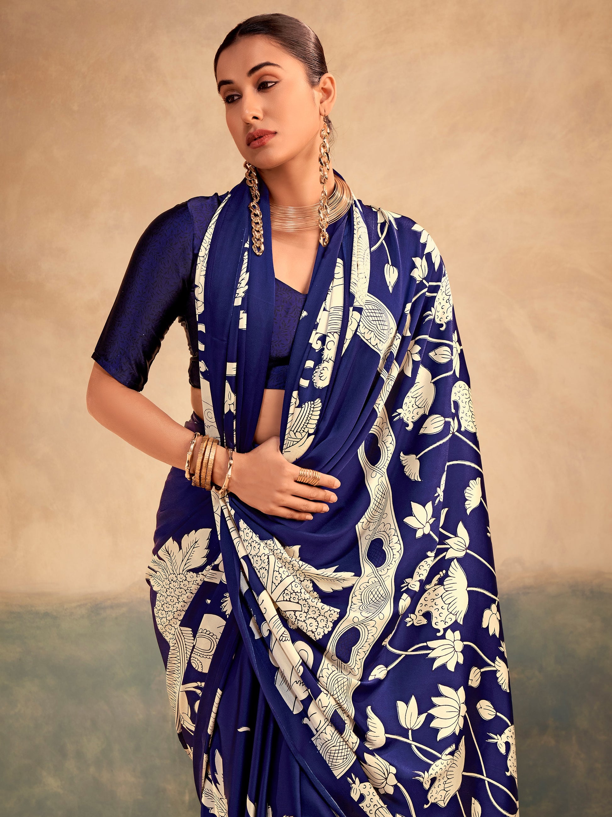 Amazing Blue Kalamkari Printed Satin Festive Wear Saree With Blouse