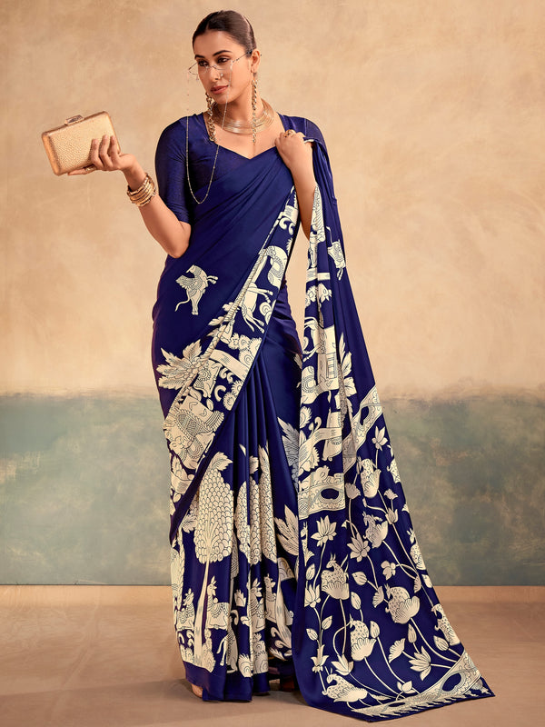 Amazing Blue Kalamkari Printed Satin Festive Wear Saree With Blouse