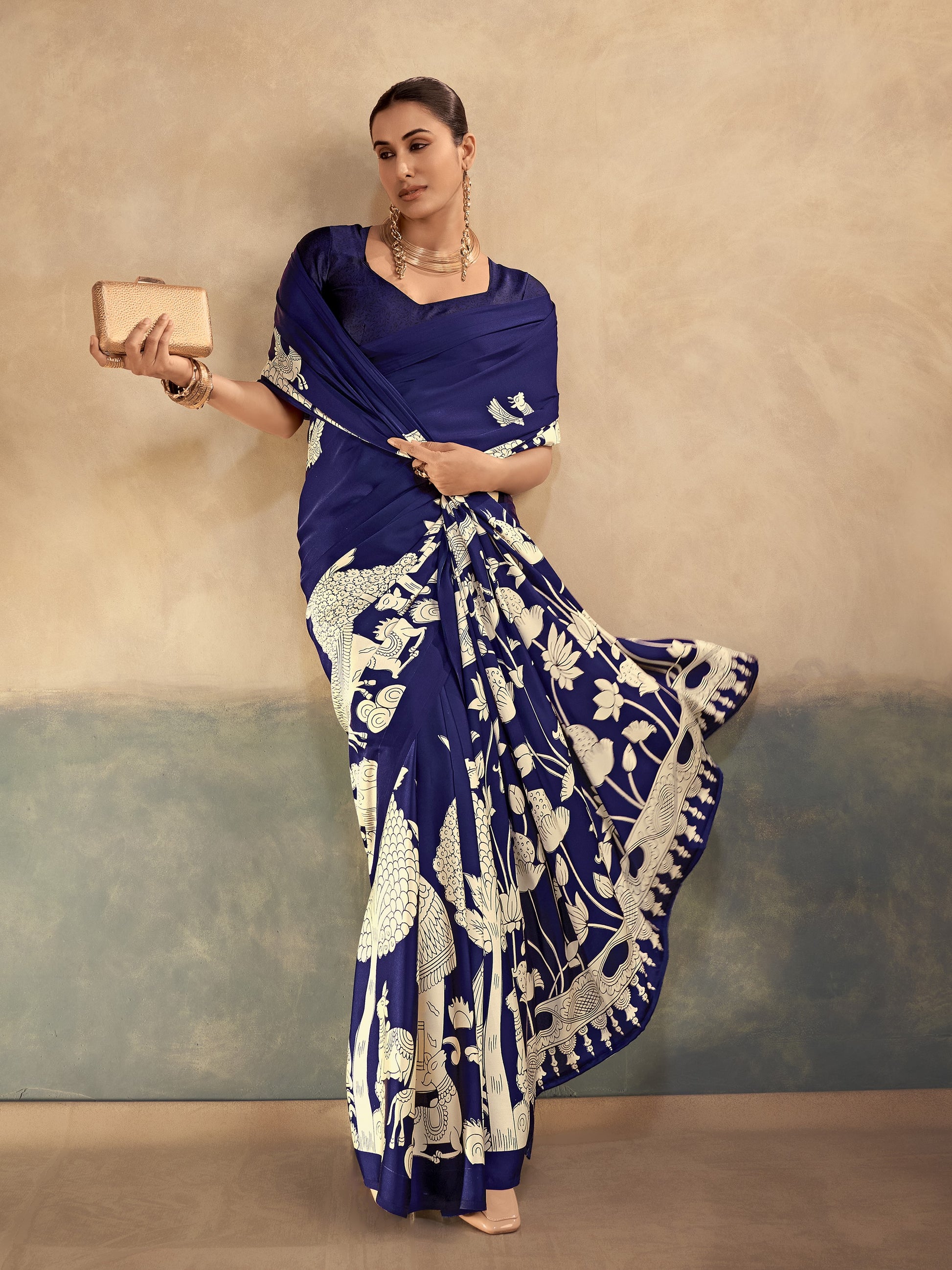 Amazing Blue Kalamkari Printed Satin Festive Wear Saree With Blouse