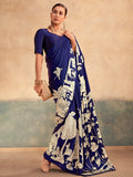 Amazing Blue Kalamkari Printed Satin Festive Wear Saree With Blouse