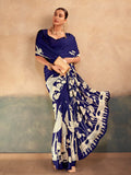 Amazing Blue Kalamkari Printed Satin Festive Wear Saree With Blouse