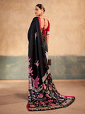 Sparkling Black Digital Printed Satin Evening Wear Saree With Blouse