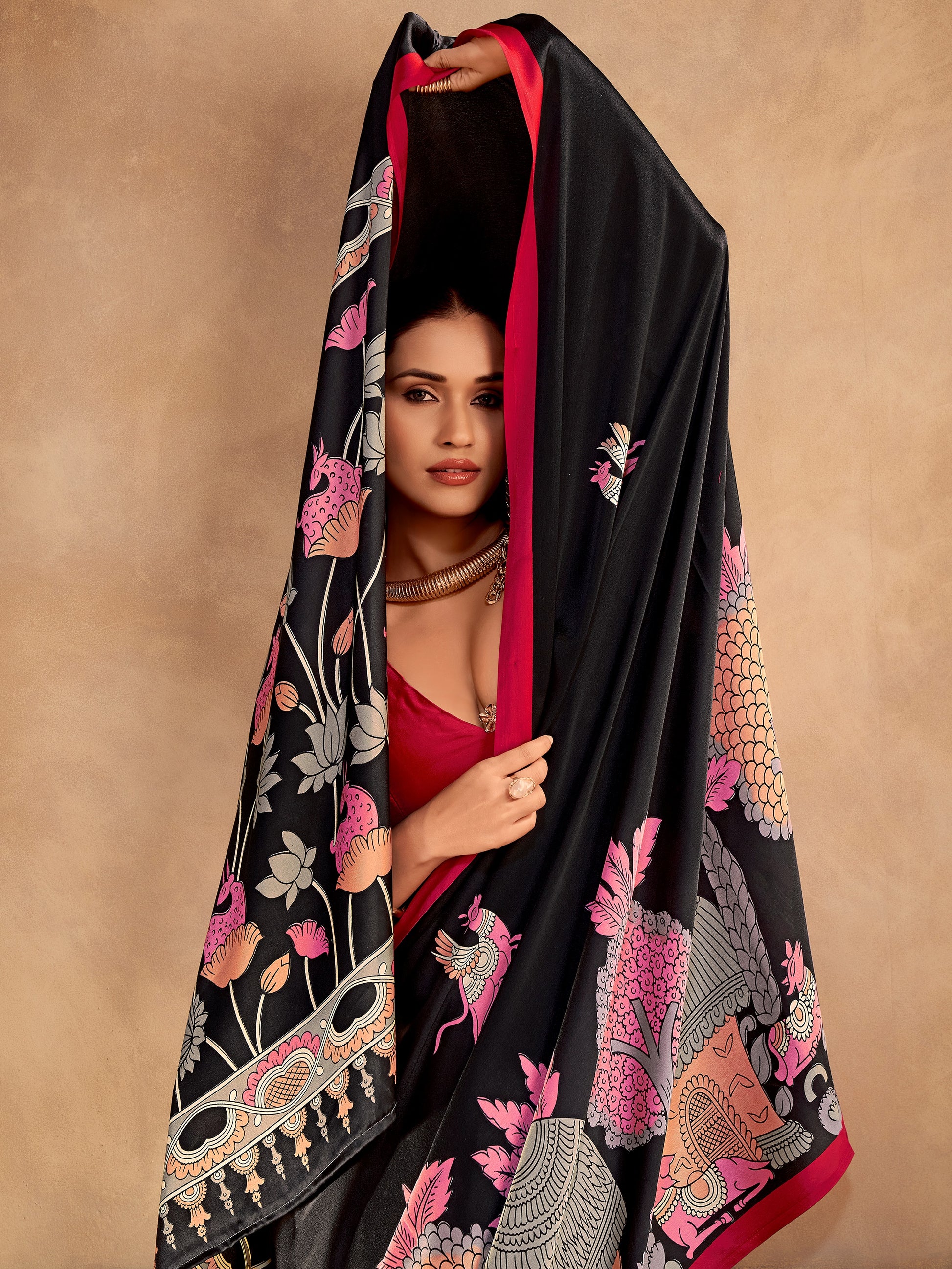 Sparkling Black Digital Printed Satin Evening Wear Saree With Blouse