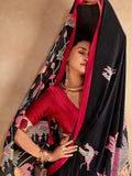 Sparkling Black Digital Printed Satin Evening Wear Saree With Blouse