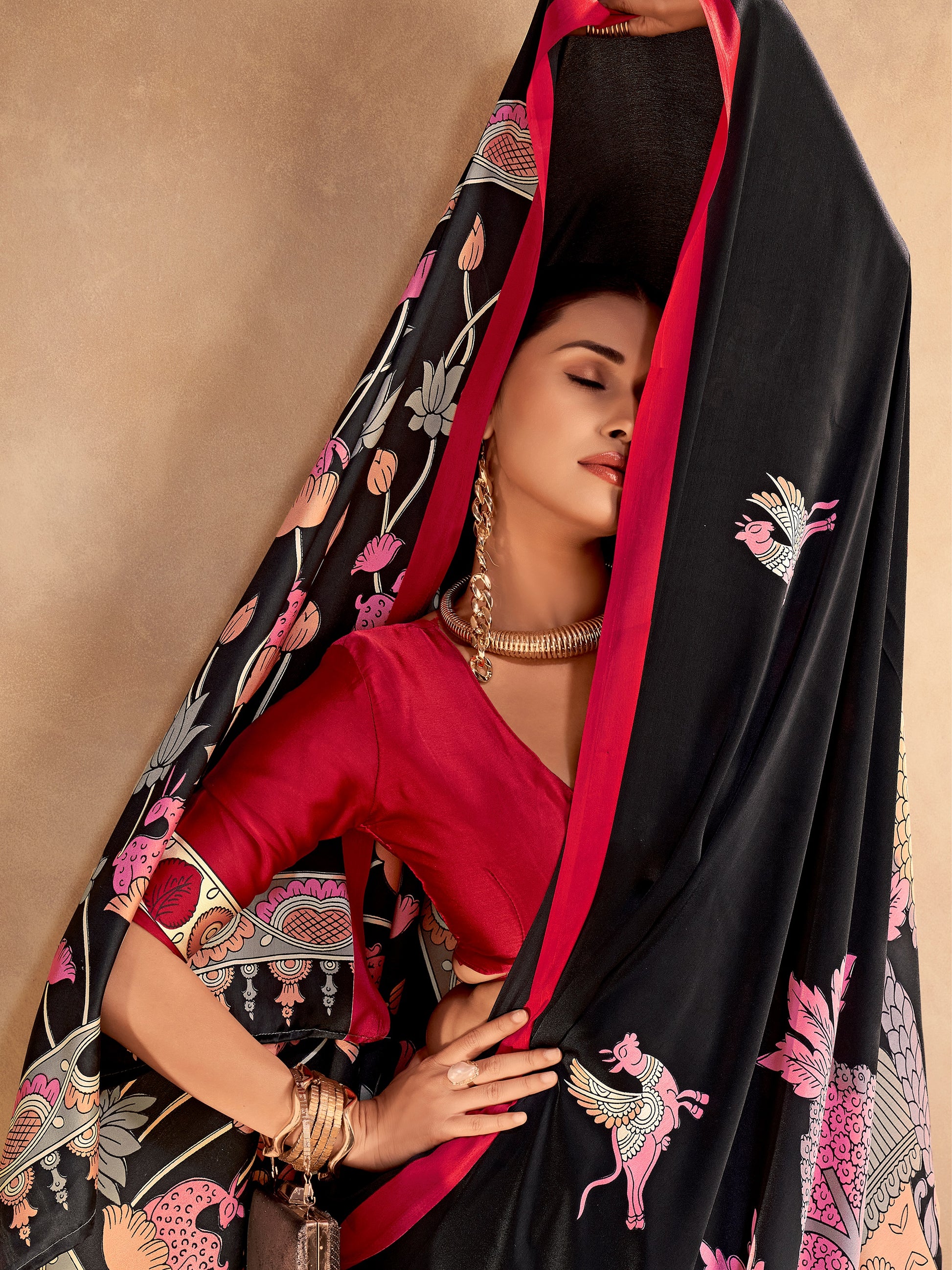 Sparkling Black Digital Printed Satin Evening Wear Saree With Blouse