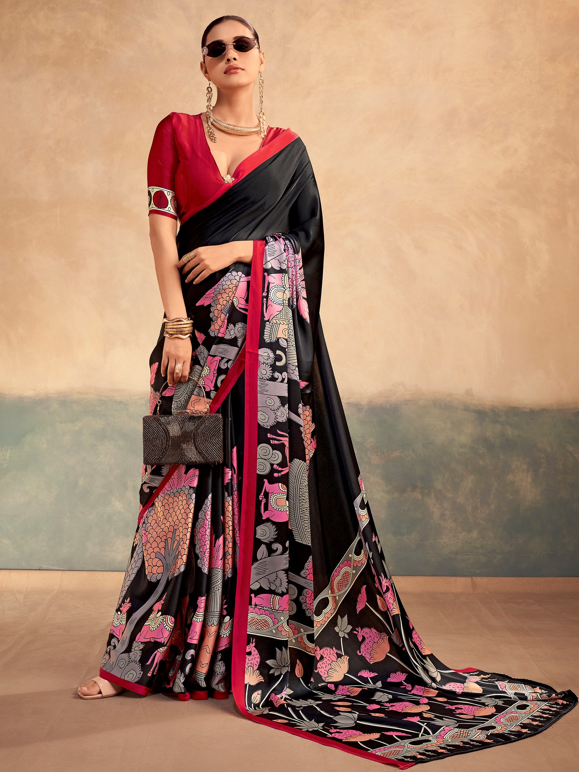 Sparkling Black Digital Printed Satin Evening Wear Saree With Blouse