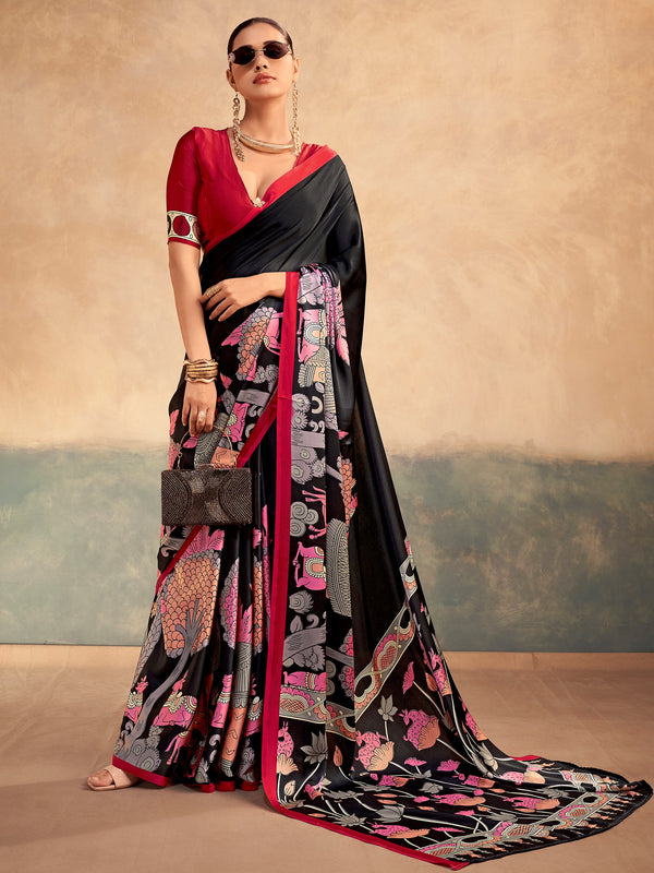 Sparkling Black Digital Printed Satin Evening Wear Saree With Blouse