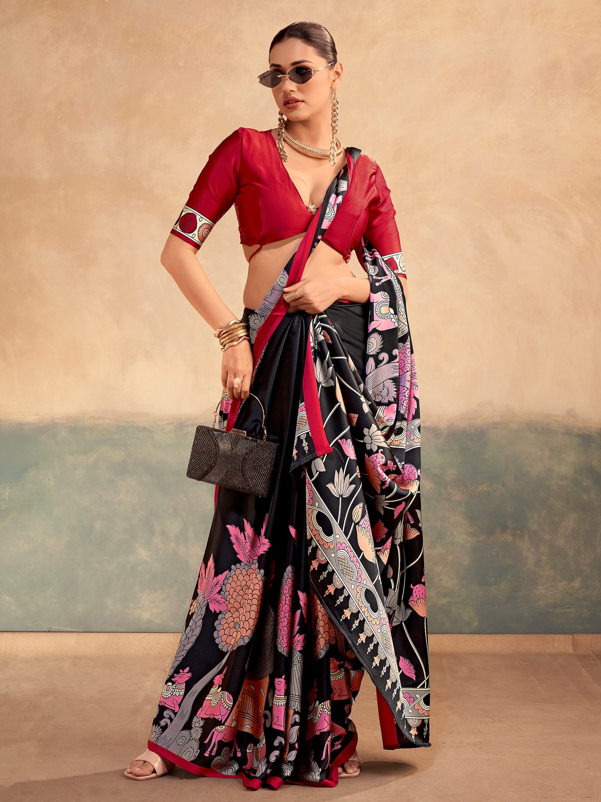 Sparkling Black Digital Printed Satin Evening Wear Saree With Blouse