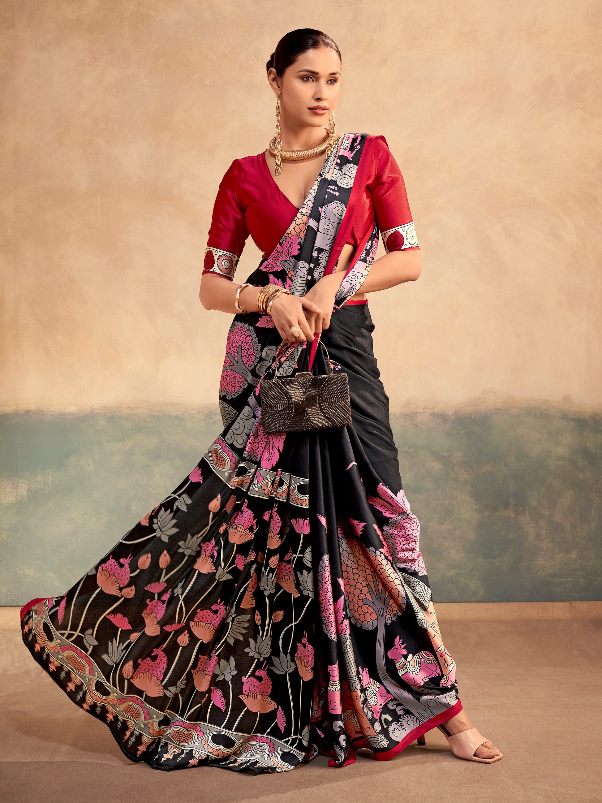 Sparkling Black Digital Printed Satin Evening Wear Saree With Blouse