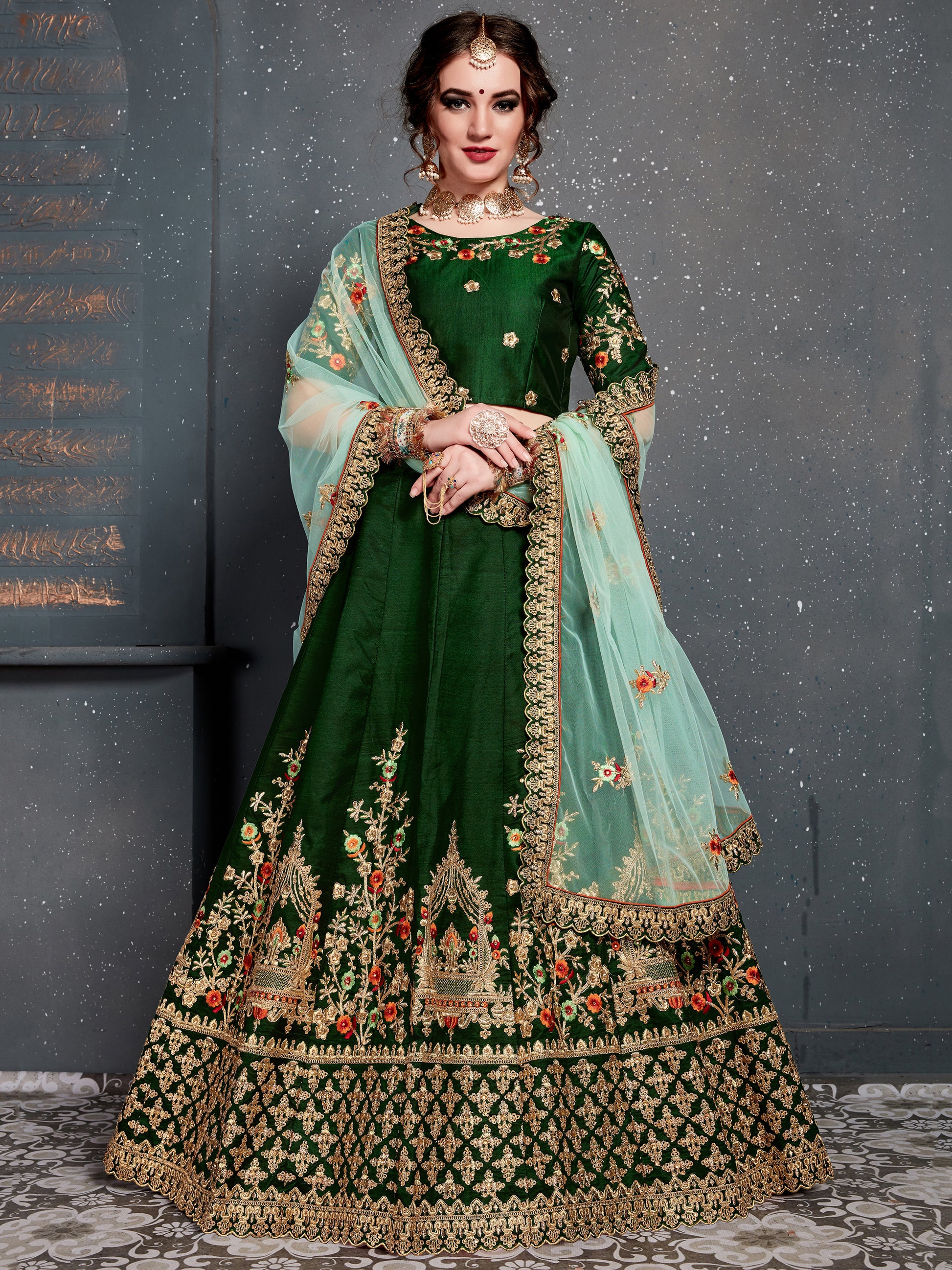 Stunning Green Zari Embroidered Silk Lehenga Choli With Dupatta