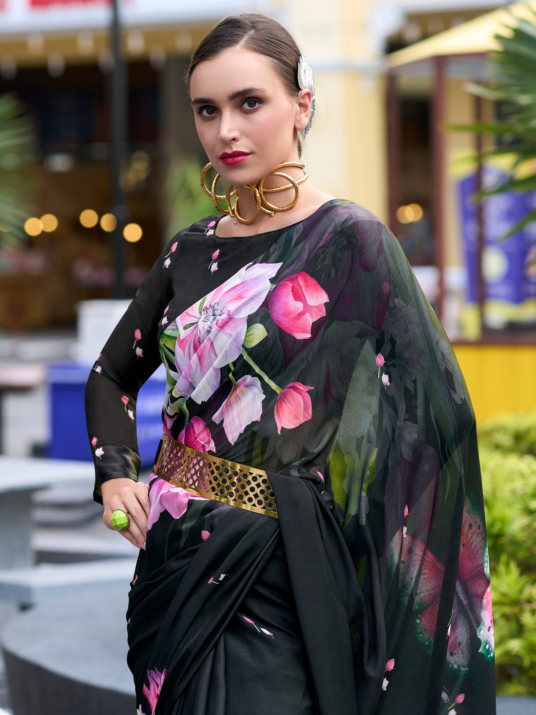 Gorgeous Black Floral Printed Georgette Casual Wear Saree With Blouse