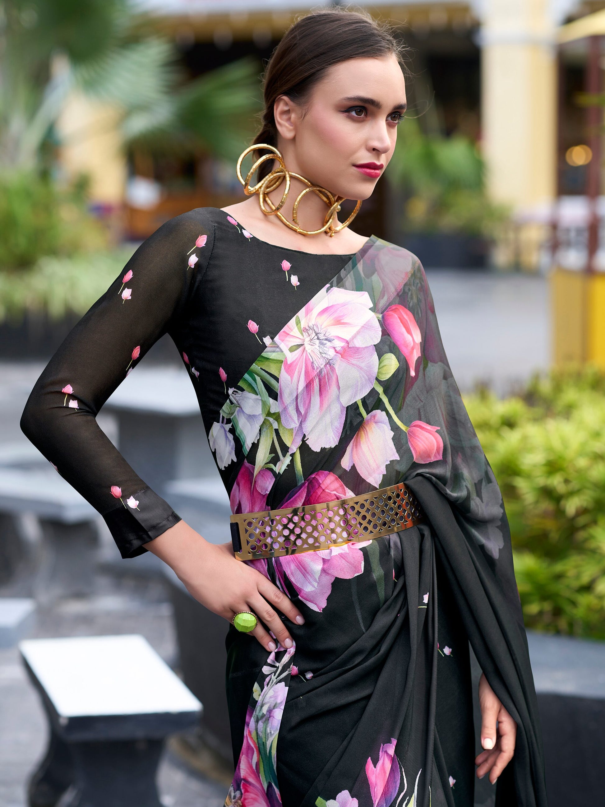 Gorgeous Black Floral Printed Georgette Casual Wear Saree With Blouse