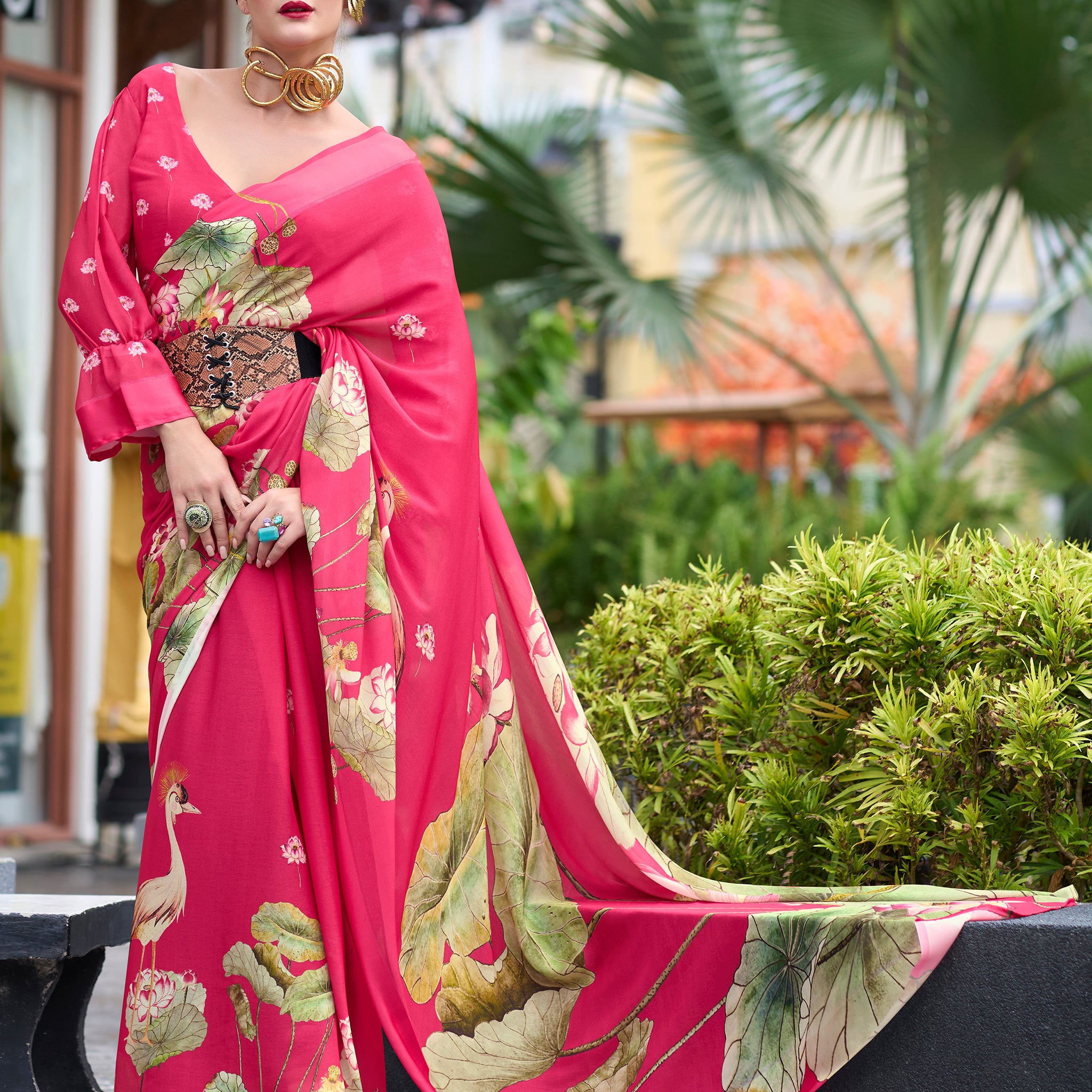 Attractive Pink Floral Printed Georgette Event Wear Saree With Blouse