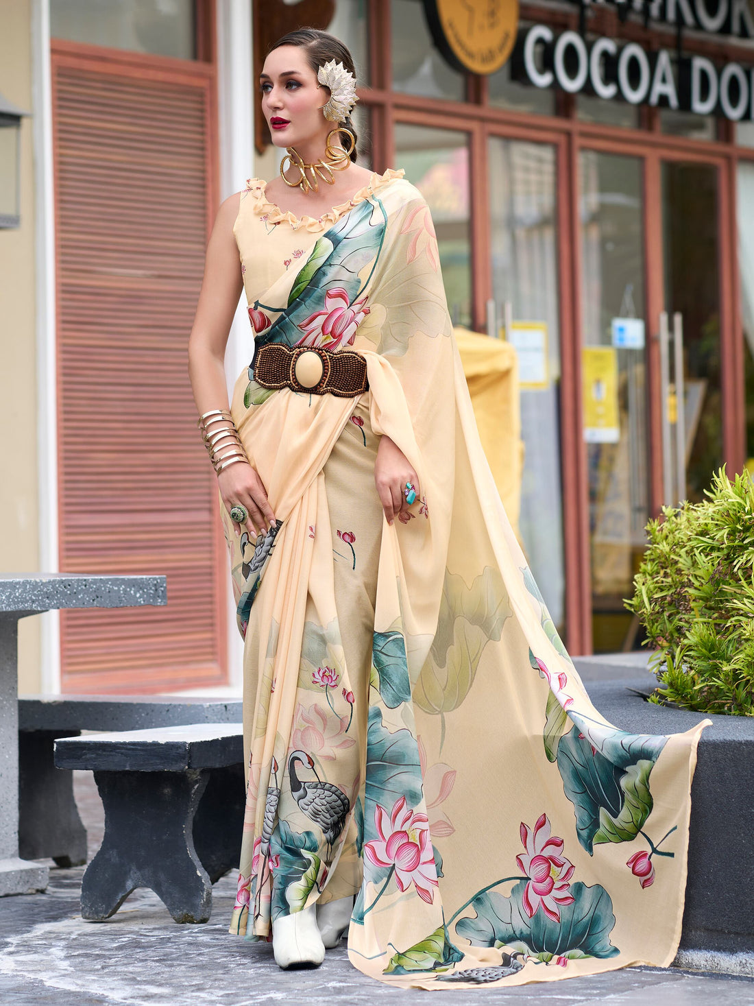 Charming Beige Floral Printed Georgette Traditional Saree With Blouse