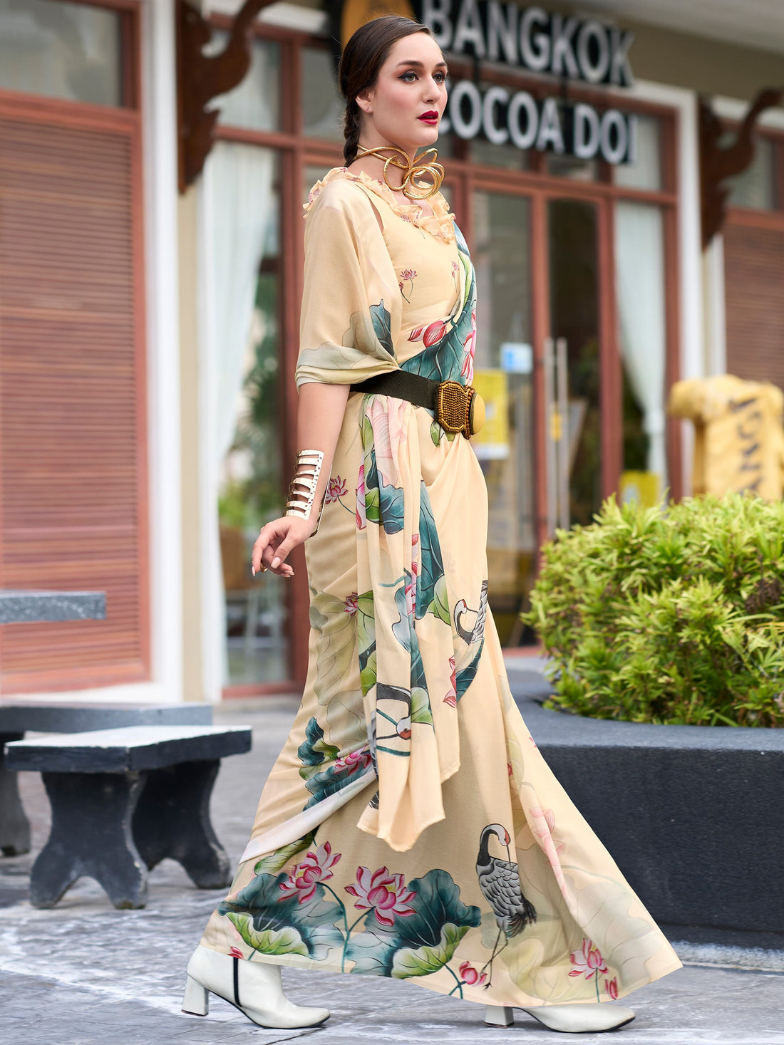 Charming Beige Floral Printed Georgette Traditional Saree With Blouse