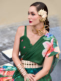Enchanting Green Floral Printed Georgette Saree With Blouse