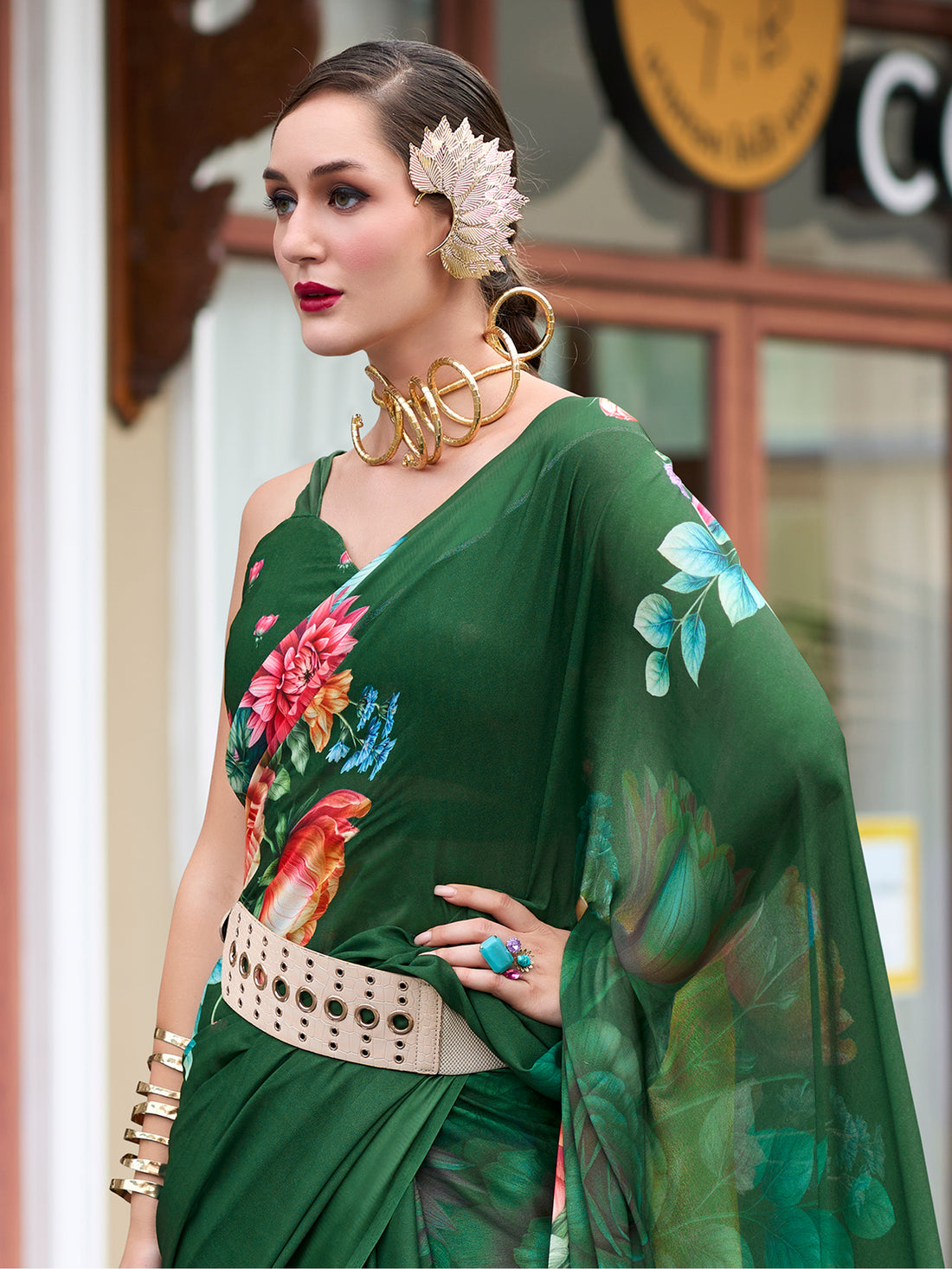 Enchanting Green Floral Printed Georgette Saree With Blouse