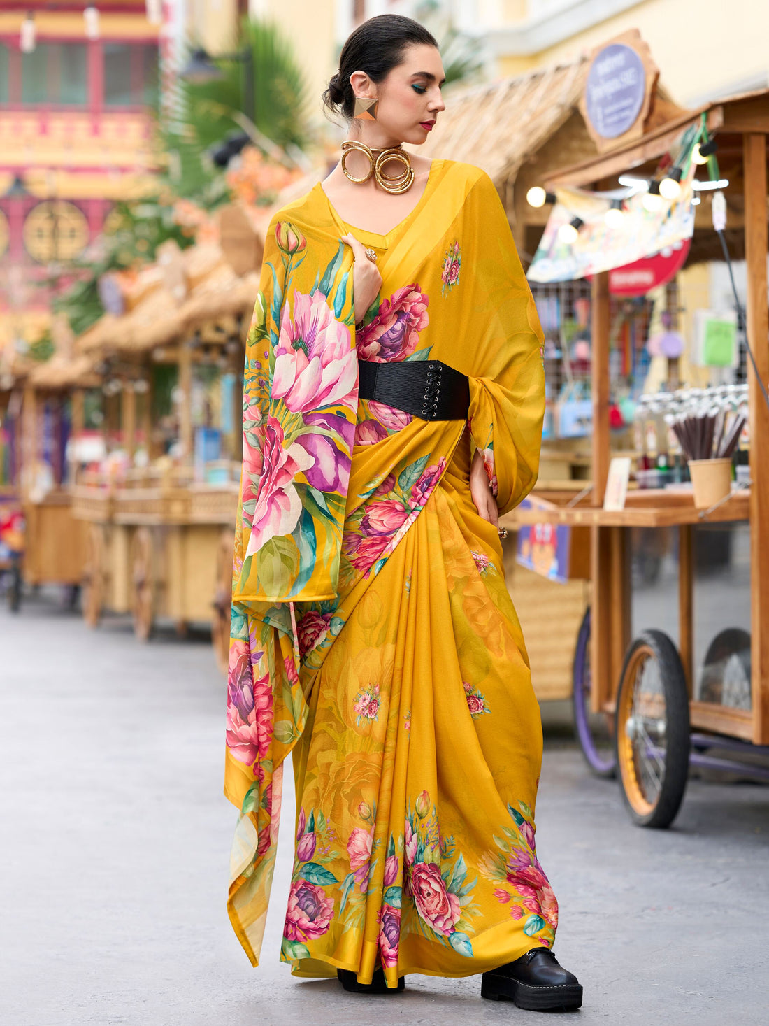 Alluring Mustard Yellow Floral Printed Georgette Event Wear Saree