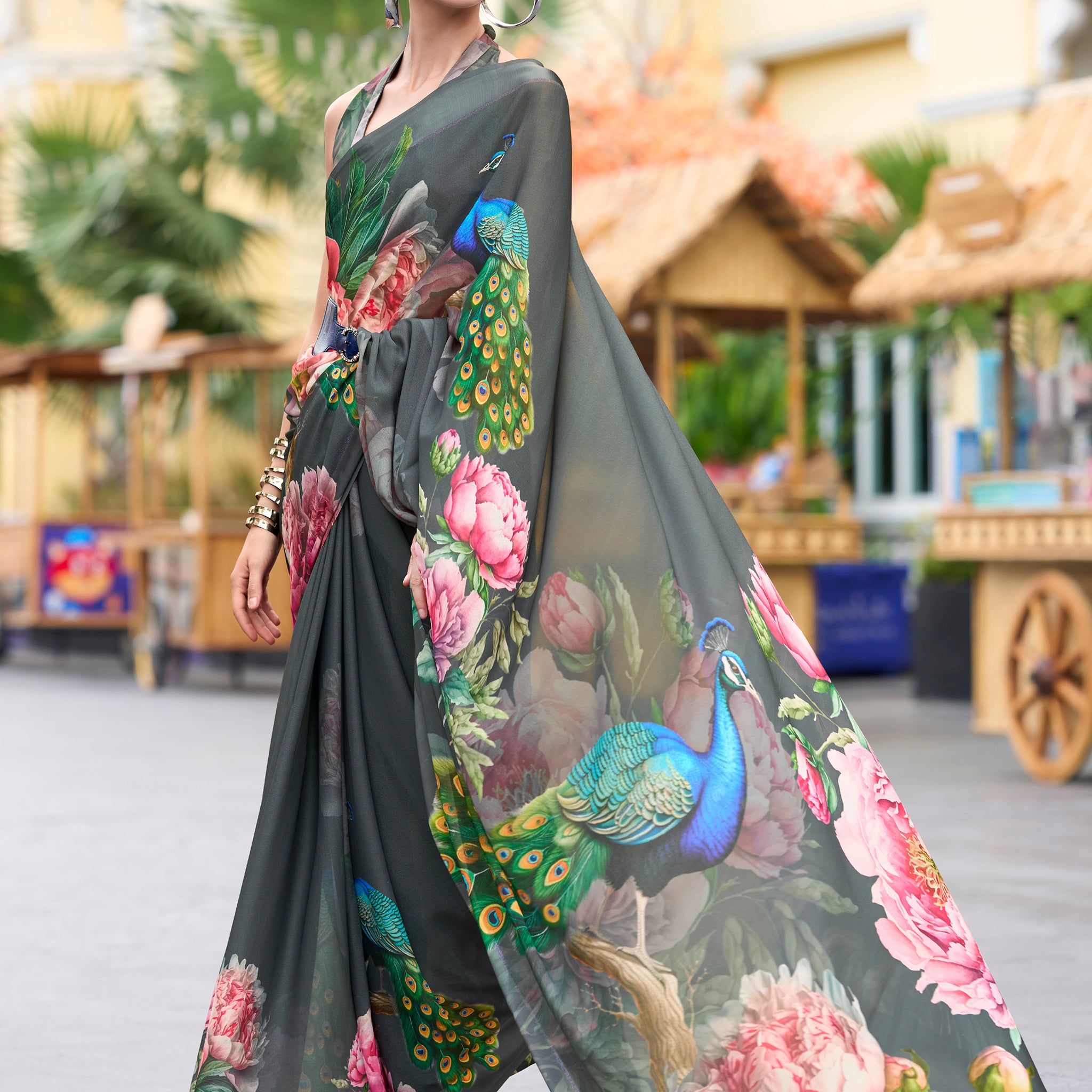 Marvelous Grey Floral Printed Georgette Casual Wear Saree With Blouse