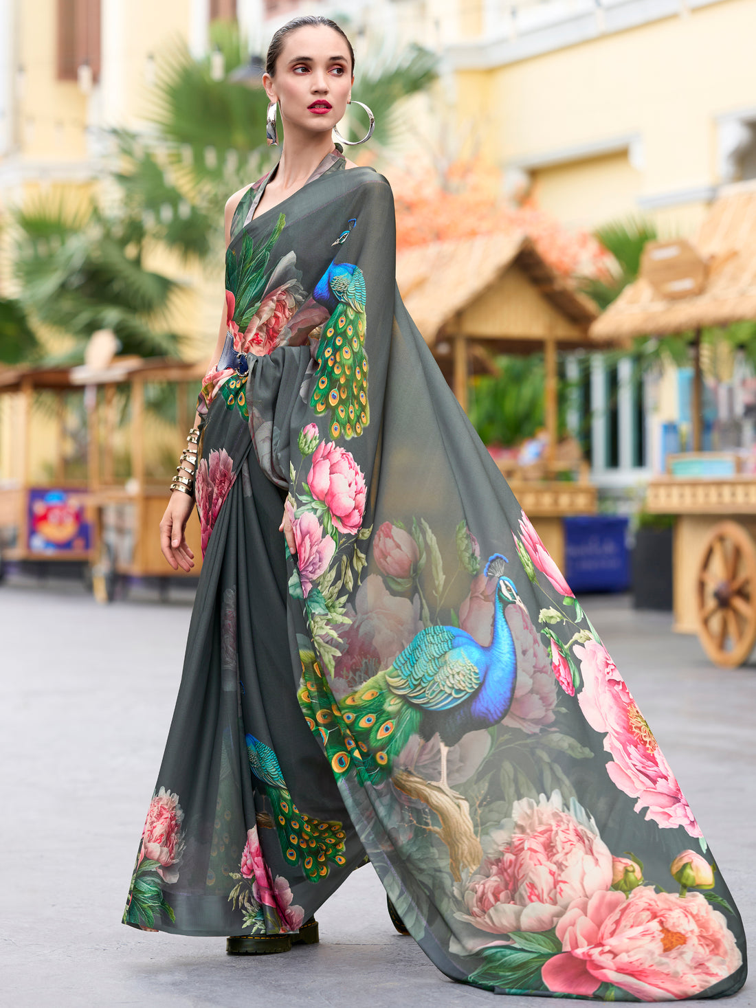 Marvelous Grey Floral Printed Georgette Casual Wear Saree With Blouse