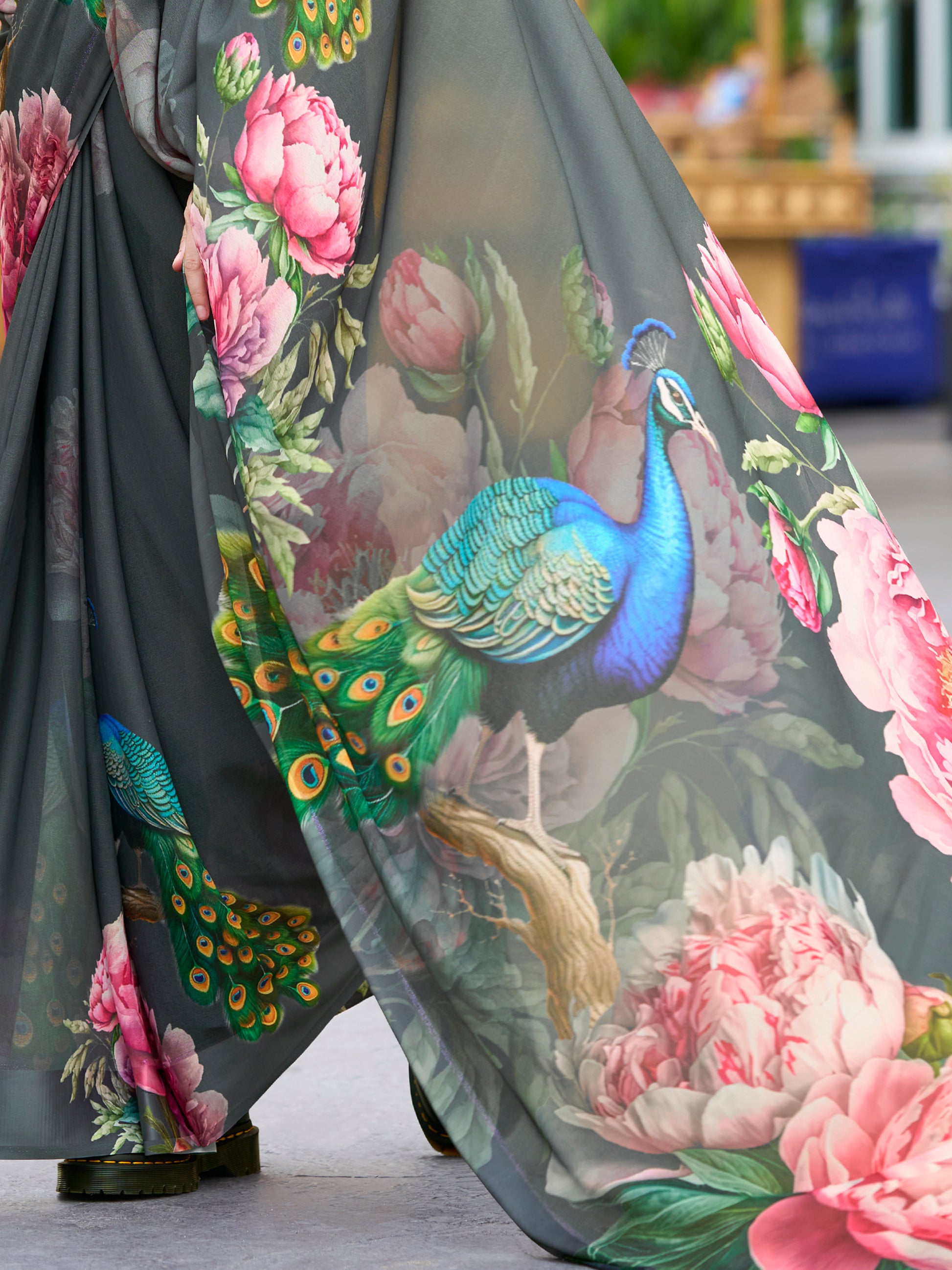 Marvelous Grey Floral Printed Georgette Casual Wear Saree With Blouse