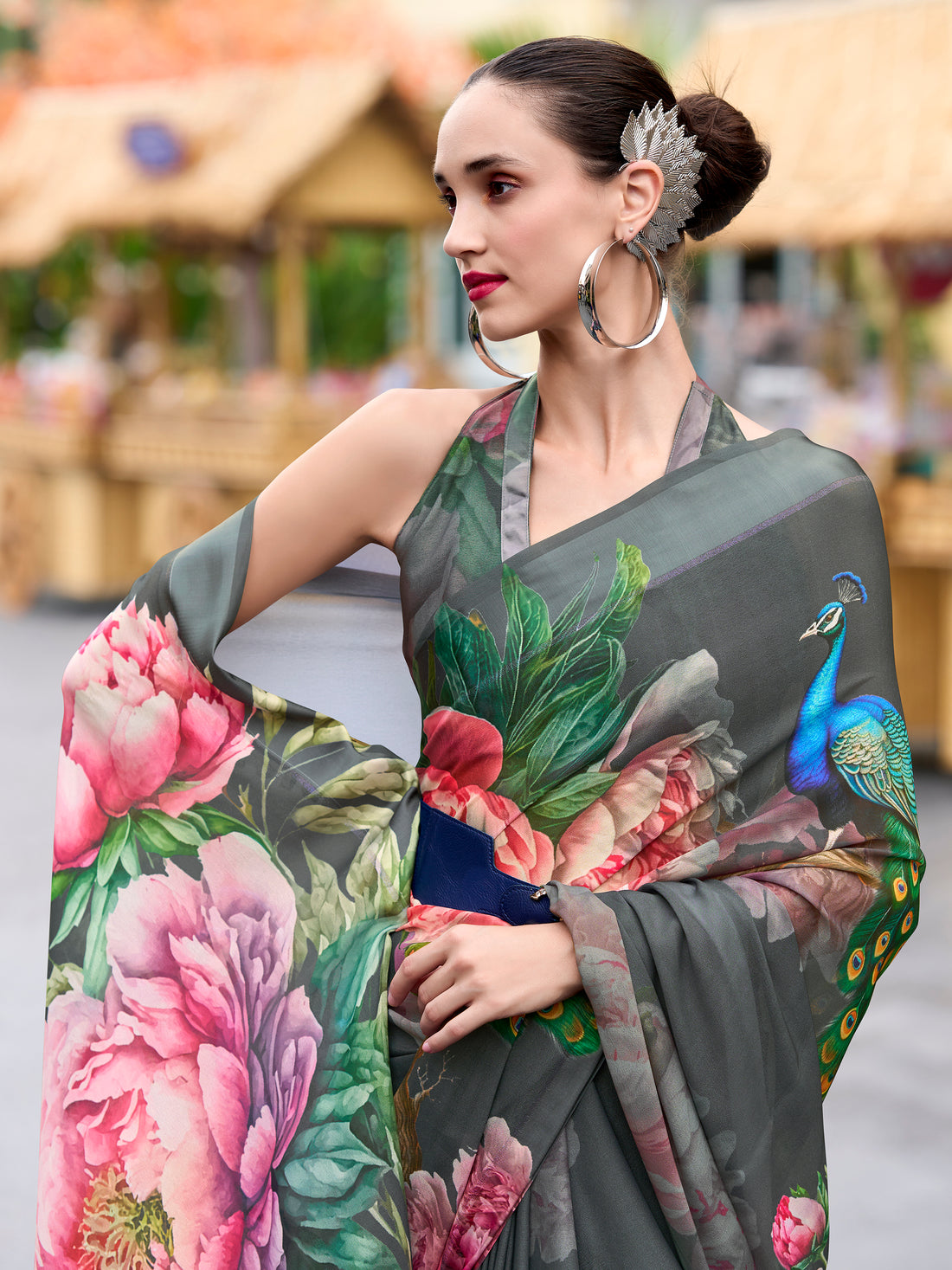 Marvelous Grey Floral Printed Georgette Casual Wear Saree With Blouse