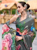 Marvelous Grey Floral Printed Georgette Casual Wear Saree With Blouse
