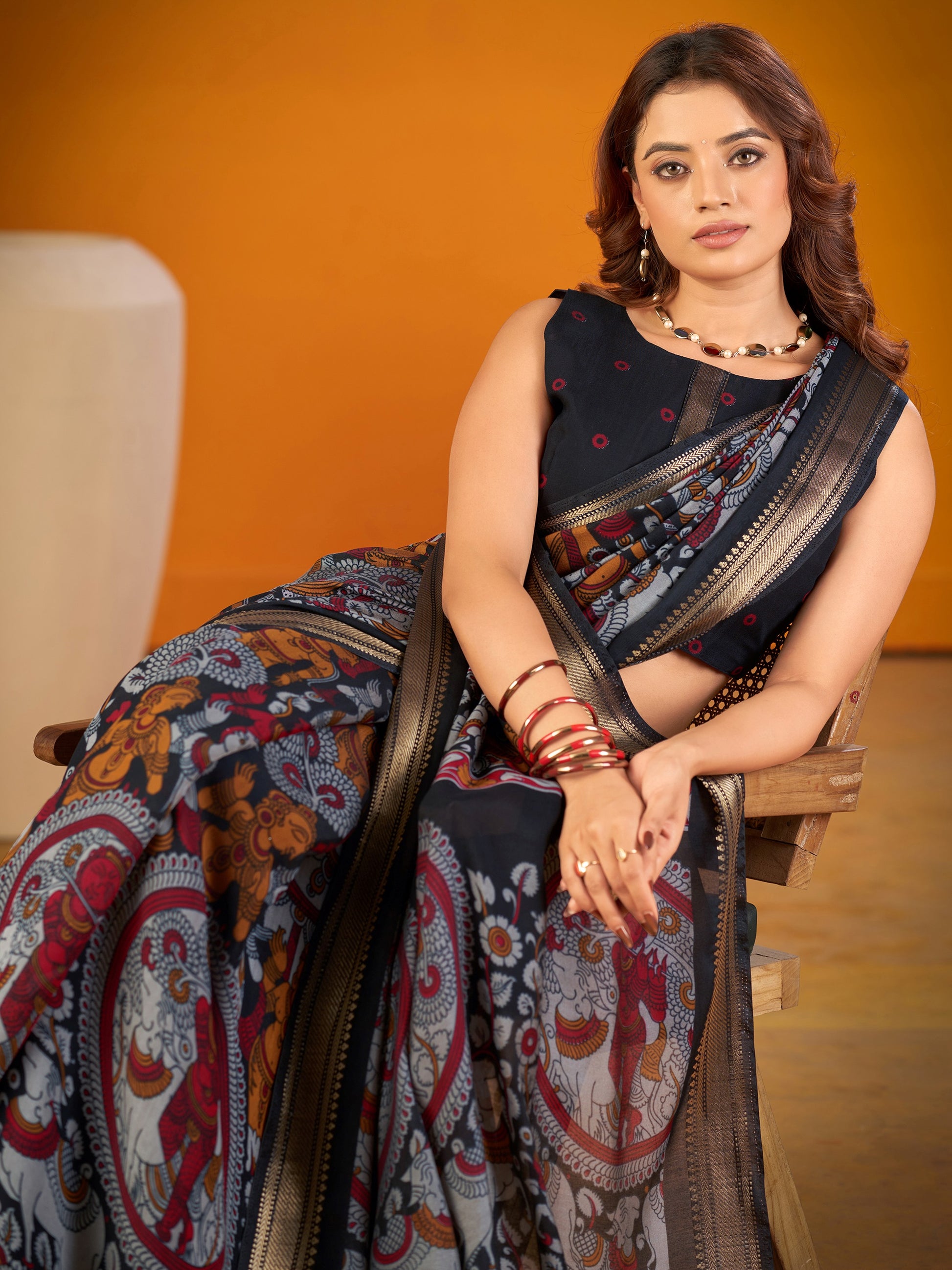 Luxury Black Kalamkari Zari Weaving Chanderi Festive Saree