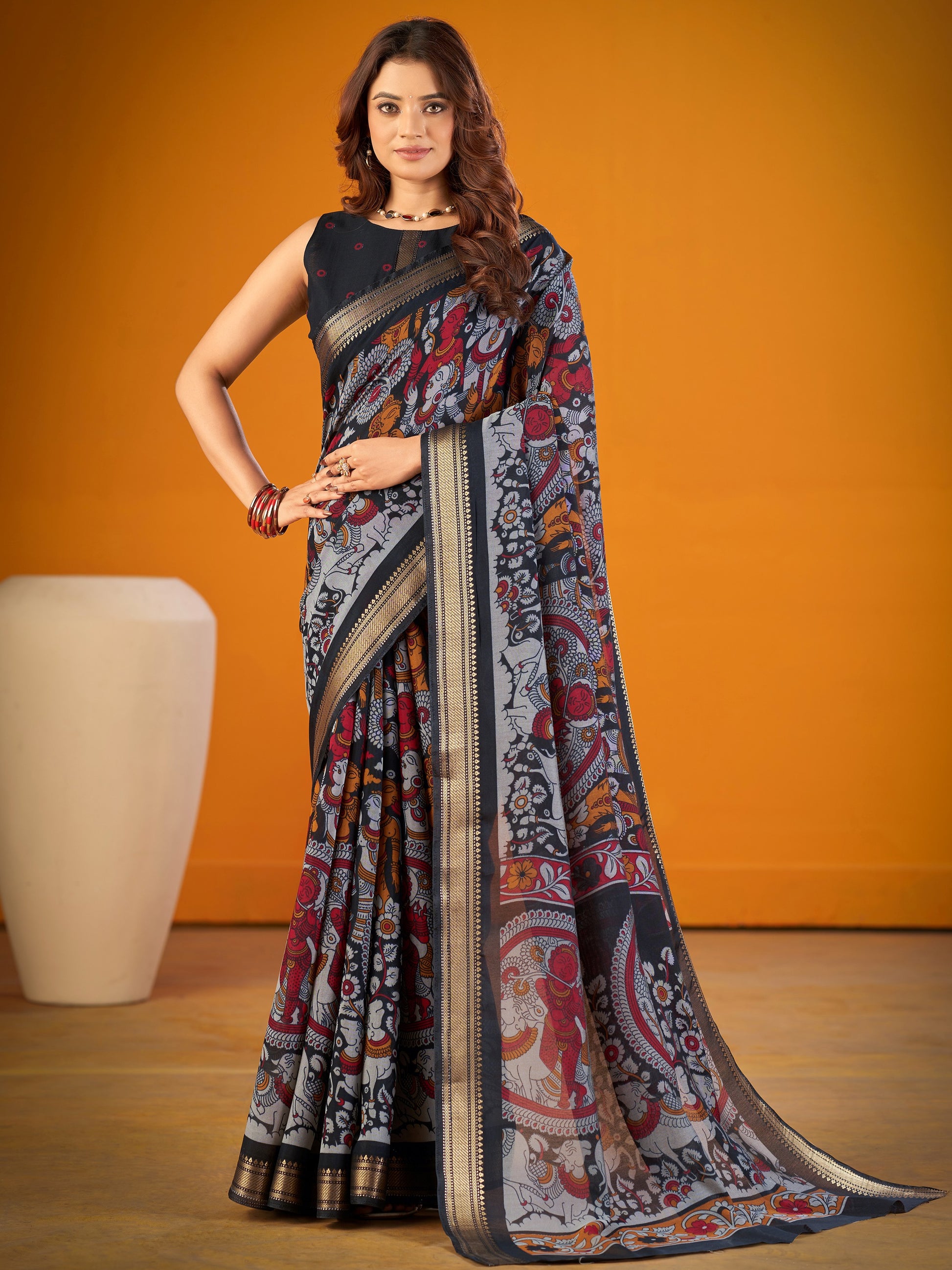 Luxury Black Kalamkari Zari Weaving Chanderi Festive Saree