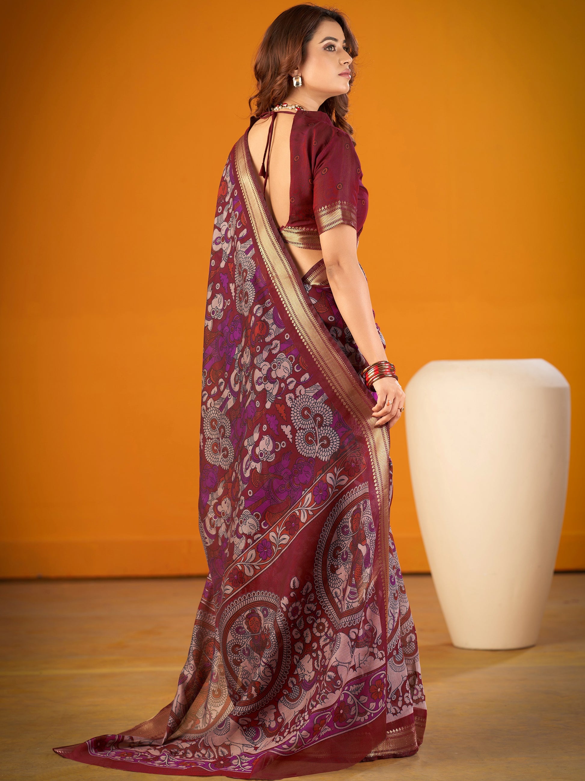 Royal Maroon Kalamkari Print Zari Work Chanderi Saree