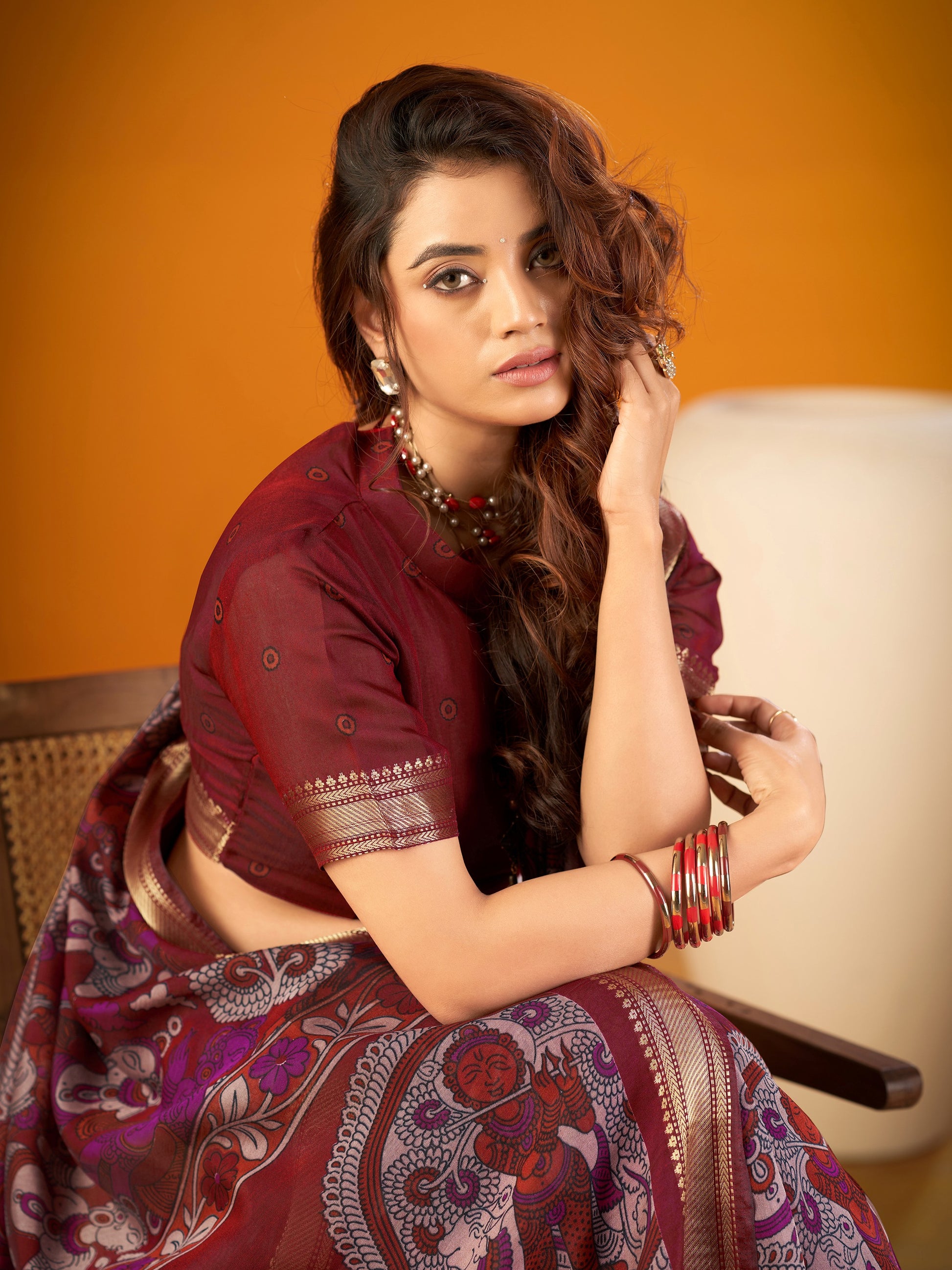Royal Maroon Kalamkari Print Zari Work Chanderi Saree