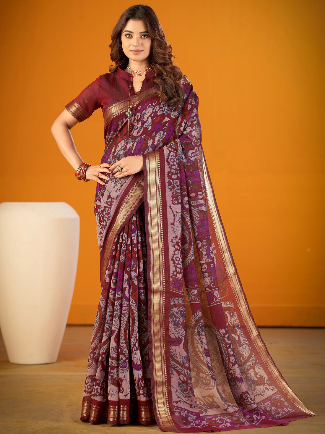 Royal Maroon Kalamkari Print Zari Work Chanderi Saree