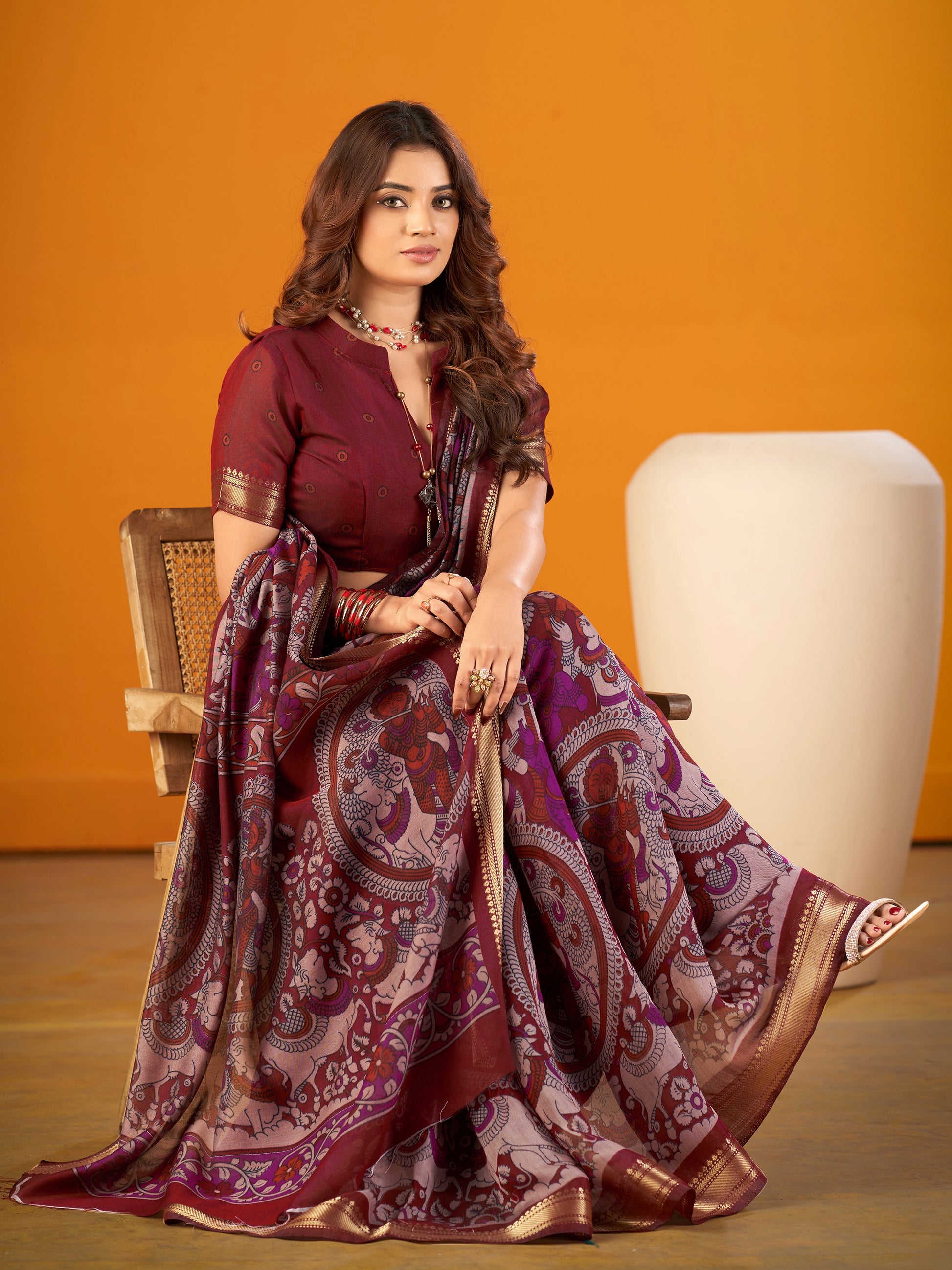 Royal Maroon Kalamkari Print Zari Work Chanderi Saree