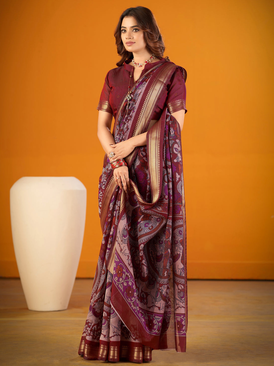 Royal Maroon Kalamkari Print Zari Work Chanderi Saree