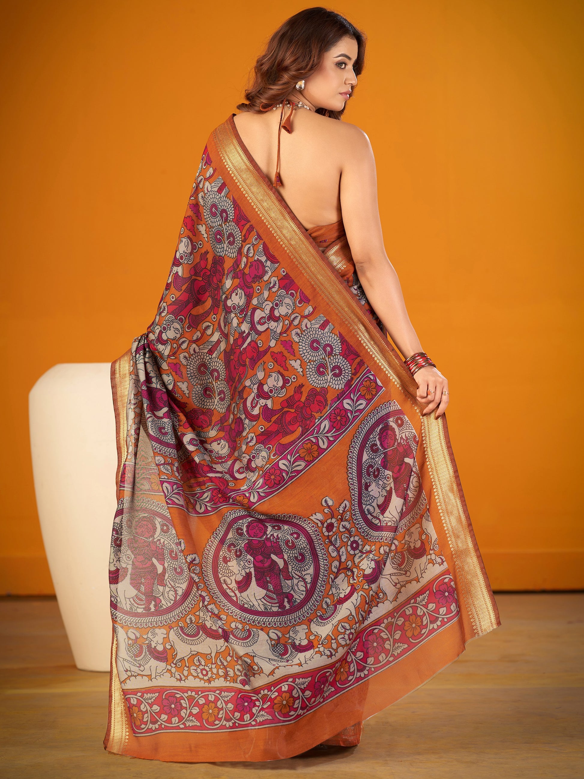 Classic Mustard Kalamkari Print Zari Border Designer Saree