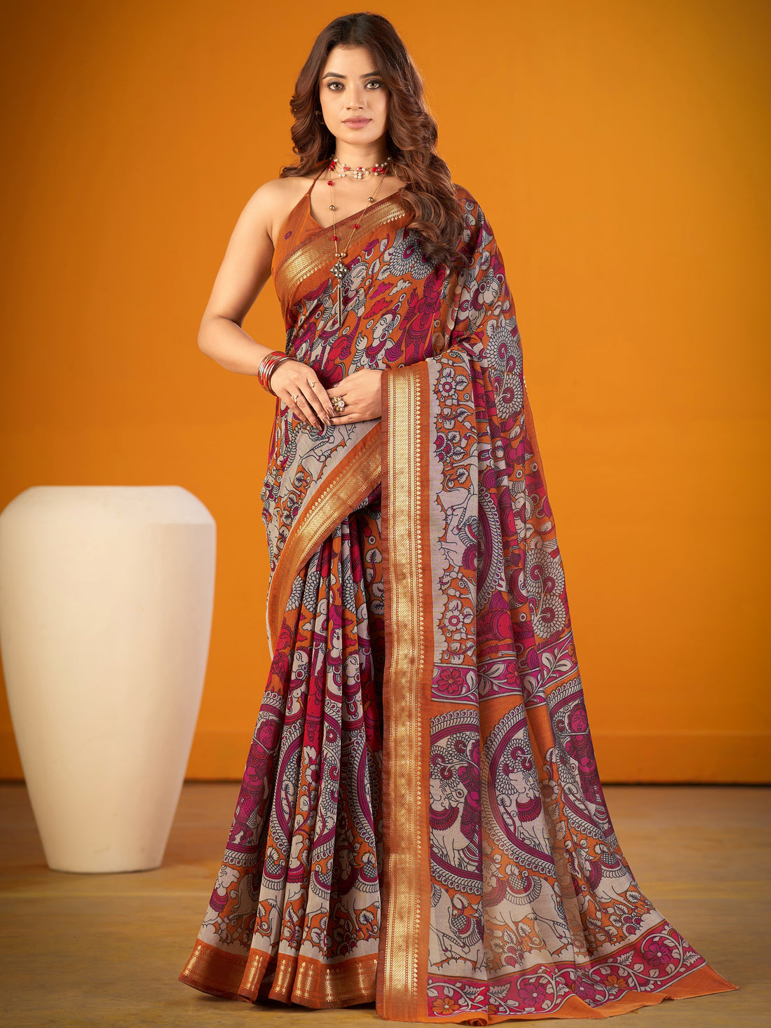 Classic Mustard Kalamkari Print Zari Border Designer Saree