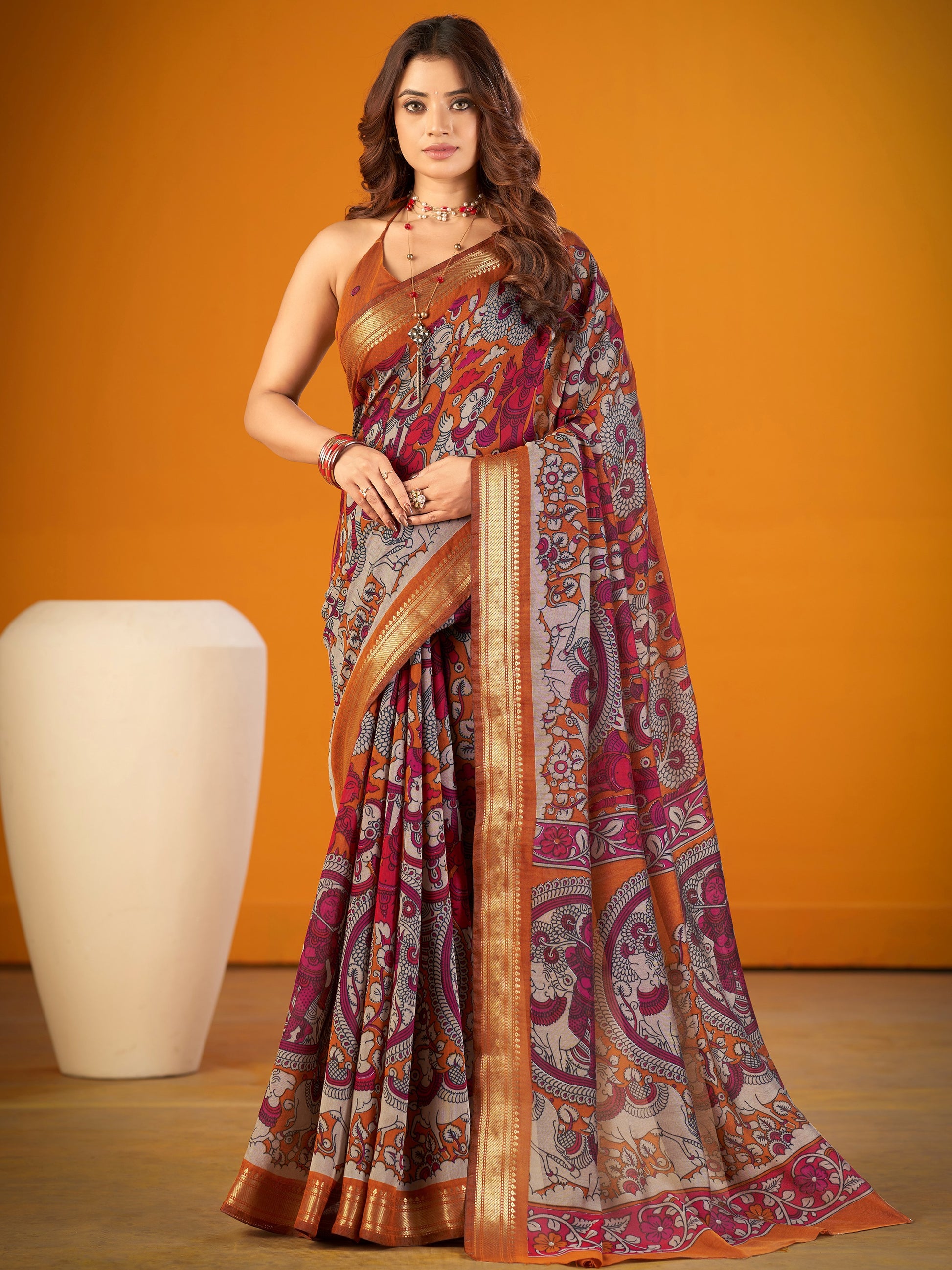 Classic Mustard Kalamkari Print Zari Border Designer Saree