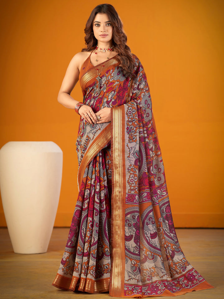 Classic Mustard Kalamkari Print Zari Border Designer Saree