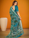 Designer Teal Blue Kalamkari Print Zari Work Classic Saree
