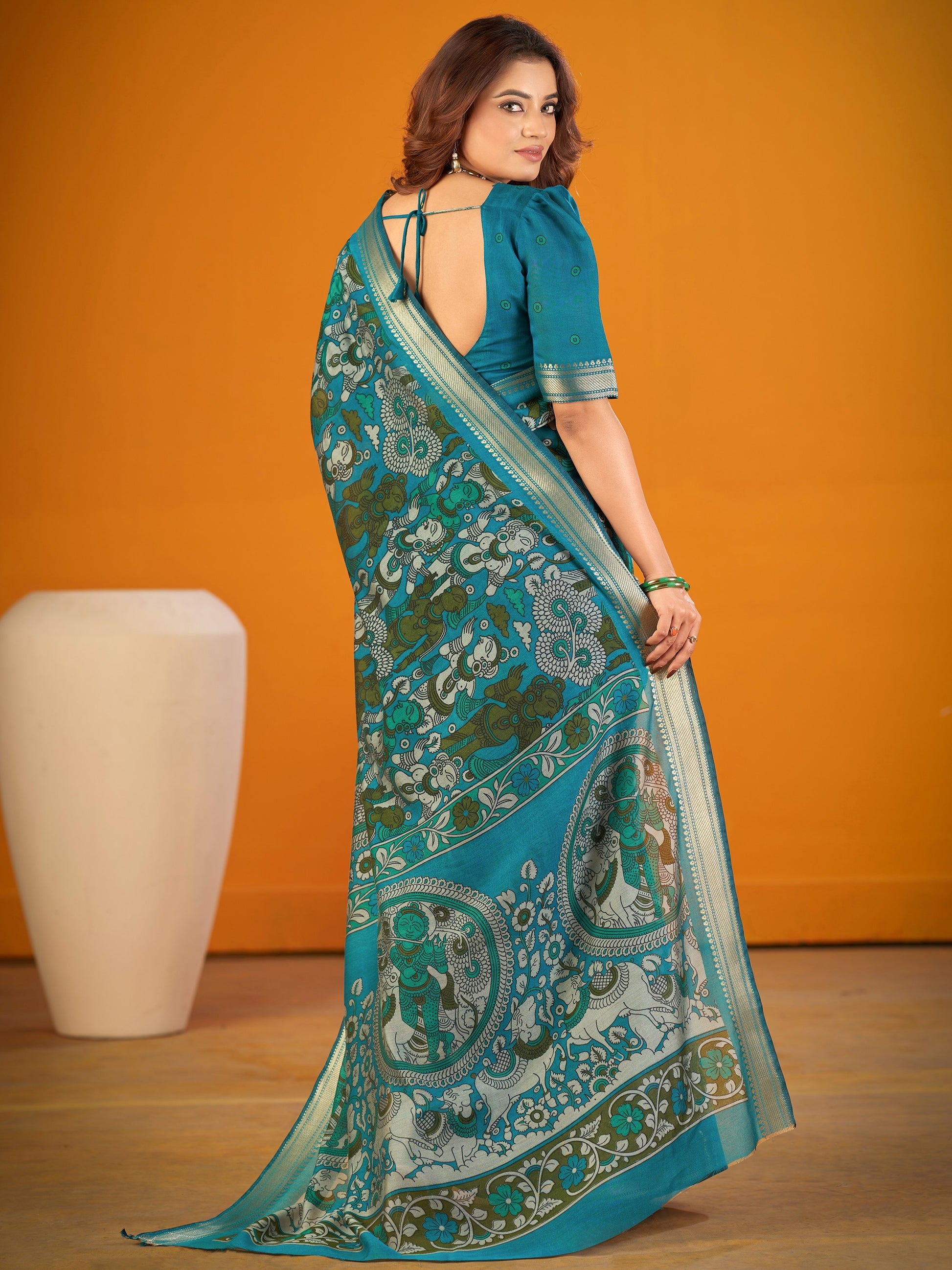 Designer Teal Blue Kalamkari Print Zari Work Classic Saree