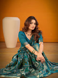 Designer Teal Blue Kalamkari Print Zari Work Classic Saree