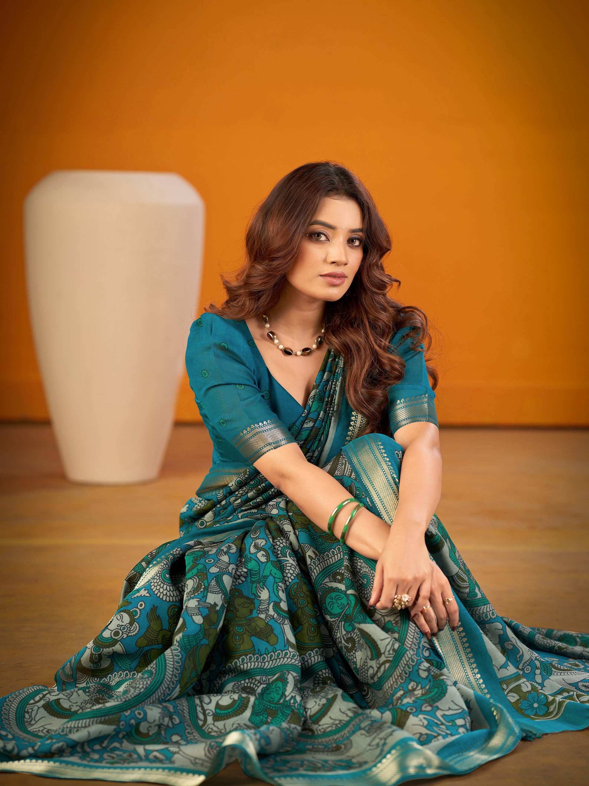 Designer Teal Blue Kalamkari Print Zari Work Classic Saree