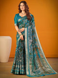 Designer Teal Blue Kalamkari Print Zari Work Classic Saree