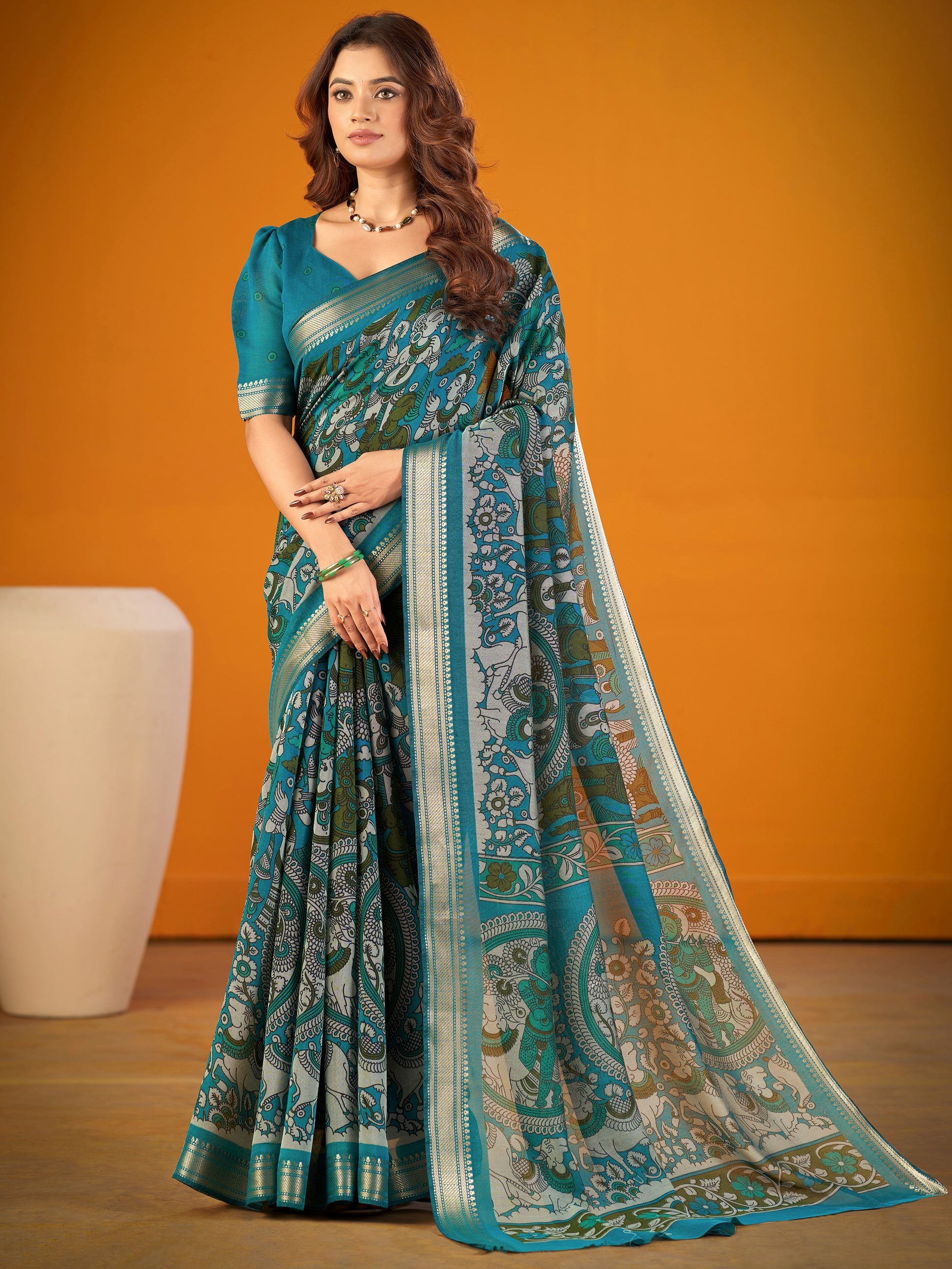 Designer Teal Blue Kalamkari Print Zari Work Classic Saree