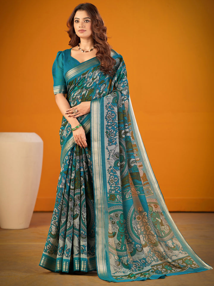 Designer Teal Blue Kalamkari Print Zari Work Classic Saree