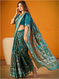 Designer Teal Blue Kalamkari Print Zari Work Classic Saree