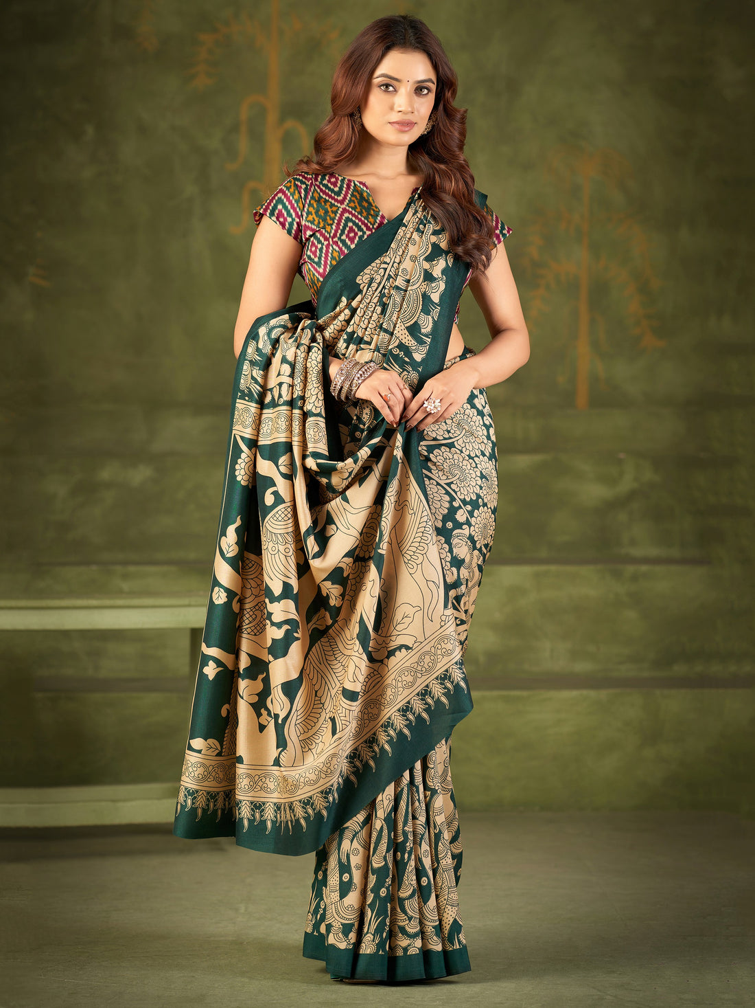 Wonderful Green Kalamkari Printed Silk Casual Wear Saree