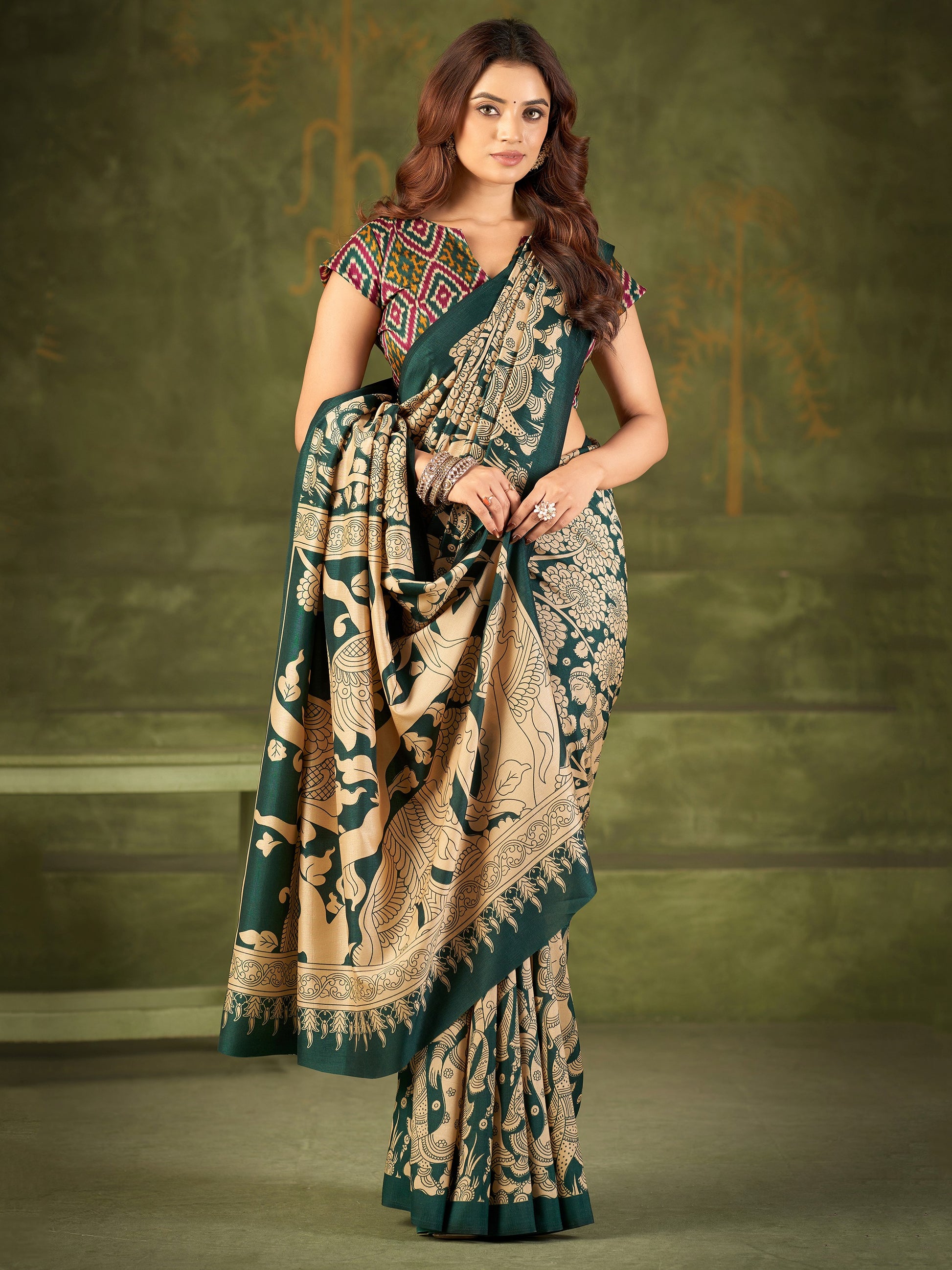 Wonderful Green Kalamkari Printed Silk Casual Wear Saree